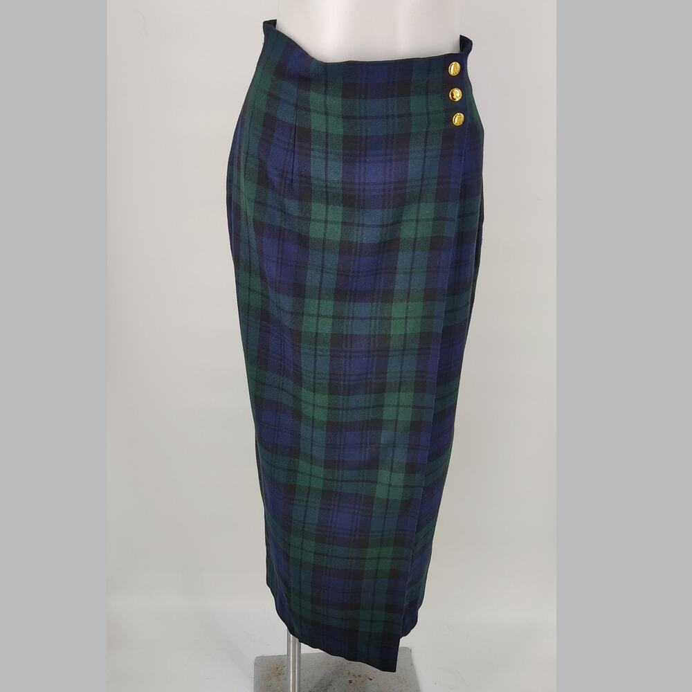 Vintage Lauren Ralph Lauren Blackwatch Wool Skirt USA 8 Plaid Midi Wrap - Picture 2 of 15